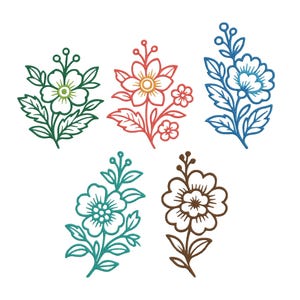 Puede incluir: Cinco diseños florales coloridos. Los diseños incluyen una flor verde con centro amarillo, una flor roja con centro naranja, una flor azul, una flor turquesa y una flor marrón. Cada diseño tiene hojas y tallos.