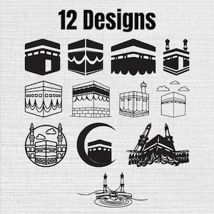 Pode incluir: Uma coleção de 12 designs gráficos em preto e branco apresentando a Kaaba. O conjunto inclui várias interpretações artísticas da estrutura, algumas com minaretes, luas crescentes ou nuvens, dispostas sob o texto 12 Designs.