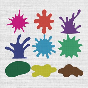 May include: A collection of nine distinct shapes arranged in a grid, featuring a bright pink starburst, a red blob, a purple splash, a dark blue tree-like form, a light blue sunburst, a green star, a dark green oval, a yellow blob, and a brown puddle.