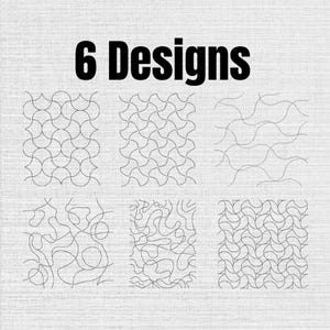 Peut inclure: Un graphique numérique présentant le texte 6 Designs en lettres noires grasses au-dessus de six motifs distincts en lignes noires. Les motifs incluent des courbes géométriques entrelacées, des formes organiques fluides et des lignes abstraites.