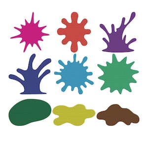 May include: Nine colorful paint splatters in various shapes and sizes. The colors include pink, red, purple, blue, green, dark green, yellow, and brown. The splatters are arranged on a white background.