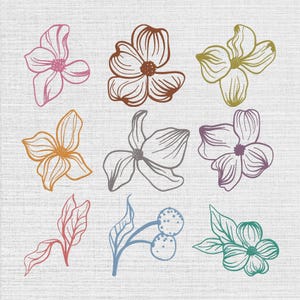 以下が含まれることがあります： グリッド状に配置された9つの刺繍された花と植物のデザインのコレクション。ピンク、茶色、ゴールド、オレンジ、グレー、紫、赤、青、ティール色の糸で描かれた様々な花や葉が、白い布の背景に刺繍されています。