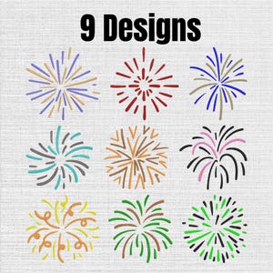 Puede incluir: Un gráfico digital con el texto 9 Designs en la parte superior, seguido de nueve patrones de fuegos artificiales distintos dispuestos en una cuadrícula de tres por tres. Cada diseño muestra líneas radiales y ráfagas únicas en varios colores, incluyendo morado, rojo, azul, turquesa, naranja, rosa, negro, amarillo, marrón y verde.