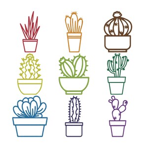 Può includere: Nove illustrazioni colorate di cactus e piante grasse in vaso. Le piante sono raffigurate in tonalità di rosso, arancione, marrone, giallo, verde, blu e viola, ognuna con forme e dettagli unici. I vasi sono quadrati o a forma di ciotola.