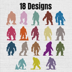 Può includere: Un grafico digitale che presenta il testo 18 Designs nella parte superiore, seguito da una griglia di 18 sagome distinte di Bigfoot in vari colori solidi tra cui rosa, blu, marrone, verde, giallo, viola e arancione, disposte su quattro righe.