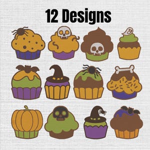 May include: A digital graphic featuring 12 Designs of Halloween-themed cupcakes. The illustrations include various toppings such as spiders, skulls, ghosts, bats, witch hats, and a pumpkin, rendered in orange, green, purple, and brown color palettes.