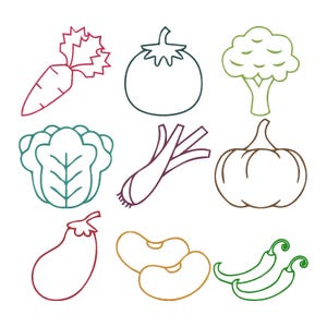 Op de afbeelding: Een verzameling van negen lijntekeningen van groenten in verschillende kleuren. De afbeelding bevat een wortel, tomaat, broccoli, sla, lente-uitjes, pompoen, aubergine, bonen en chilipepers. De groenten zijn omlijnd in rood, groen, bruin en geel.