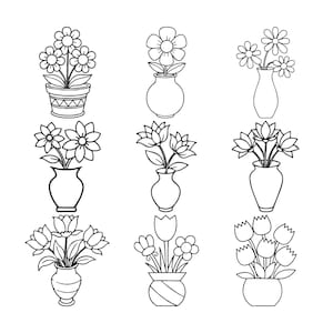 May include: Line art illustration of nine different flower arrangements. The flowers are in vases and pots, with various shapes and styles. The image is in black and white, suitable for coloring or design projects.