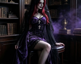 May include: A purple velvet corset dress featuring a sweetheart neckline, two silver cross embellishments on the bodice, and a black lace trim. The garment is paired with a sheer black lace veil that drapes over the shoulders and head.