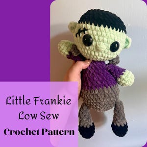 May include: A handmade crochet Frankenstein's monster doll in shades of green, purple, gray, and black. The doll has large black eyes, stitched details, and a black hairpiece. The text "Little Frankie Low Sew Crochet Pattern" is visible.