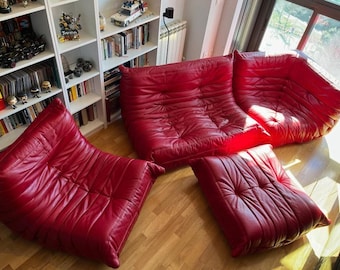 Ligne Roset Togo Red Leather Sofa Set –  2 Seater, Corner, 1 Seater & Ottoman