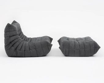 Vintage Ligne Roset Togo 1 Seater & Ottoman Shadow Grey Microfiber
