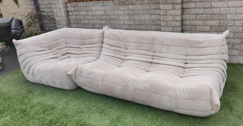 Ligne Roset Togo soffa beige manchester – hörnsektion och 3-sits, modulär 50-talsmodern bild 6