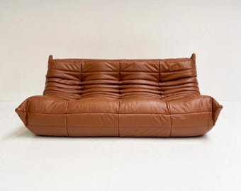 Sofá Togo de 3 plazas de Ligne Roset, de cuero marrón – Sofá de salón de diseño moderno de mediados de siglo