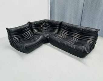 Ligne Roset Togo Sofa Set Black Leather – 2 Seater, 1 Seater & Corner by Michel Ducaroy