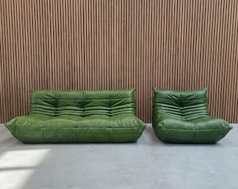Ligne Roset Togo Sofa Set Green Leather – 3 Seater & 1 Seater, Mid Century Modern Designer