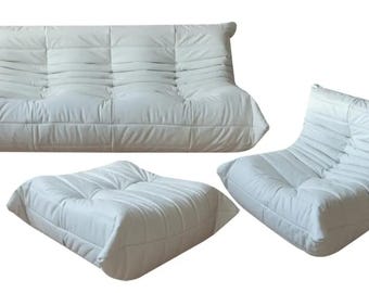 Ligne Roset Togo Sofa Set White Leather – 3 Seater, 1 Seater & Ottoman by Michel Ducaroy