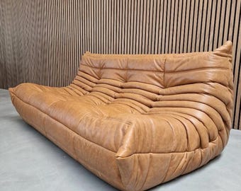 Sofá de 3 plazas Ligne Roset Togo – Piel beige y marrón