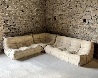 Ligne Roset Togo Sofa Set Beige Wool Fabric – 3 Seater, 2 Seater & Corner Section