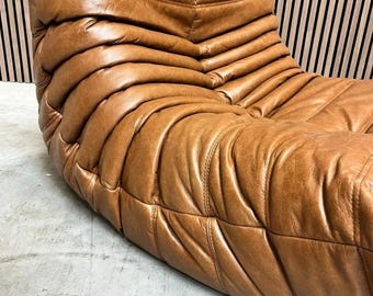 Ligne Roset Togo Sofa Set Cognac Leather – 3 Seater, 1 Seater & Ottoman