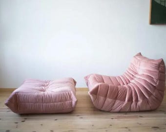 Ligne Roset Togo Lounge Chair & Ottoman Pink Pearl Velvet