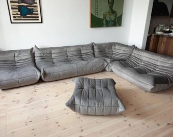Ligne Roset Togo Sofa Set Grey Velvet – 5 Piece Modular Sectional