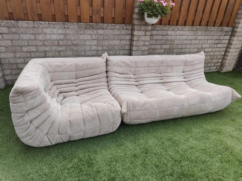 Ligne Roset Togo soffa beige manchester – hörnsektion och 3-sits, modulär 50-talsmodern bild 1