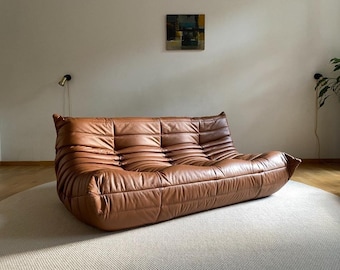 Sofá de lujo estilo Togo – Sofá de 3 plazas de cuero marrón, sofá salón moderno vintage