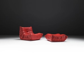 Ligne Roset Togo 1-zitsbank en poef rood leer – Michel Ducaroy Designer Lounge Chair