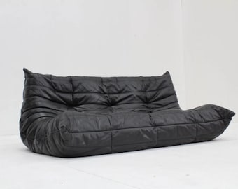 Togo Sofa 3 Seater Black Leather–Ligne Roset Style Couch Mid Century Modern Sofa