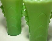 Vintage Pair Jadeite Jeanette Fire King Art Deco Scallop Bud Vase MCM Mod Farmhouse Milk Depression Green Glass Home Kitchen Decor Gift Vtg