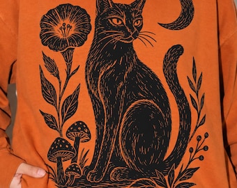 Gato negro PNG / Imágenes prediseñadas botánicas de Halloween / Gráfico animal de arte popular / Diseño de camiseta de linograbado