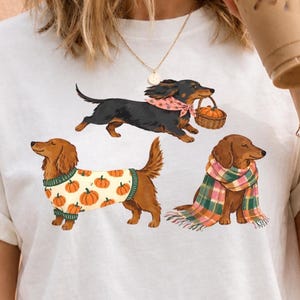 May include: A white short-sleeve t-shirt featuring a graphic of three dachshunds. One black dog wears a pink bandana and carries a pumpkin basket, one brown dog wears a pumpkin-patterned sweater, and one brown dog wears a plaid scarf.