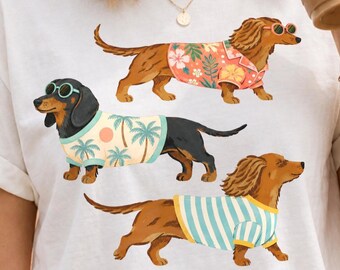 Summer Dachshund PNG | Sausage Dog Clipart | Retro Preppy Pet Graphic | Colorful Dog Shirt Design