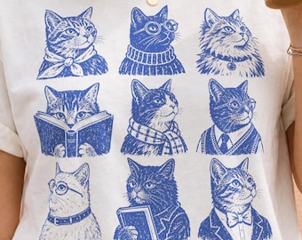 Bookish Cats PNG | Vintage Reading Cat Clipart | Book Lover Graphic | Retro Literary Shirt Design
