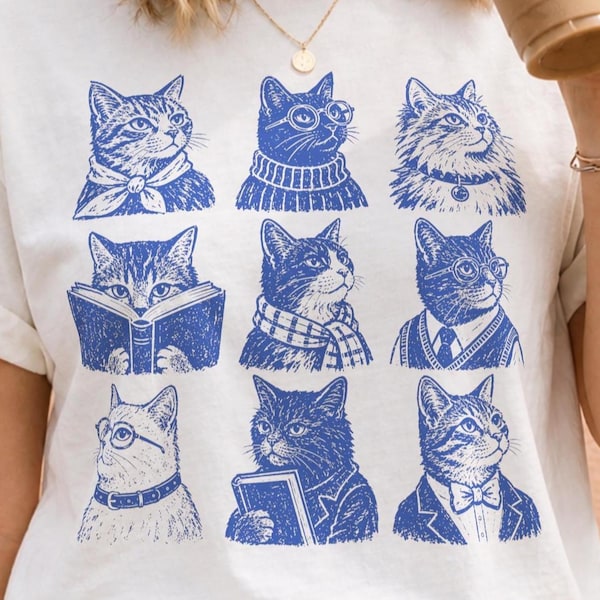 Bookish Cats PNG | Vintage Reading Cat Clipart | Book Lover Graphic | Retro Literary Shirt Design