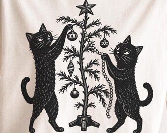 Gatos en el árbol de Navidad PNG / Imágenes prediseñadas de gatos negros / Gráfico navideño original / Diseño de camiseta navideña vintage