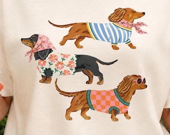 Bassotto PNG / ClipArt di cane salsiccia / Grafica per animali domestici in stile retrò preppy / Design colorato per maglietta con cane