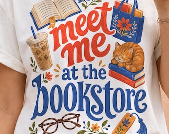 Bookstore PNG | Book Lover Clipart | Retro Bookish Shirt Design | Coffee Cat Graphic | Bookshop Art