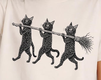 Halloween Cat PNG | Black Cats & Broomstick Graphic | Witchy Cat Clipart | Spooky Animal Shirt Design