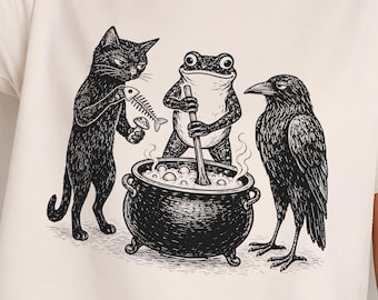 Halloween Cauldron PNG | Cat Frog & Raven Clipart | Spooky Potion Graphic | Creepy Animal Shirt Design