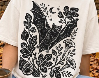 Flying Bat PNG | Botanical Halloween Clipart | Vintage Style Linocut Graphic | Gothic Nature Shirt Design