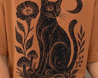 Black Cat PNG | Halloween Botanical Clipart | Folk Art Animal Graphic | Linocut Shirt Design