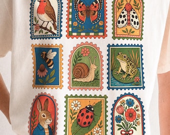 Garden Postage Stamp PNG | Folk Art Wildlife Graphic | Garden Animal Clipart | Nature Shirt Design