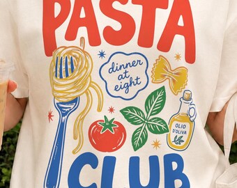 Camiseta de pasta Club PNG / Diseño de camiseta de comida italiana / Clip art de espagueti con tomate / Gráfico de camiseta retro para cena
