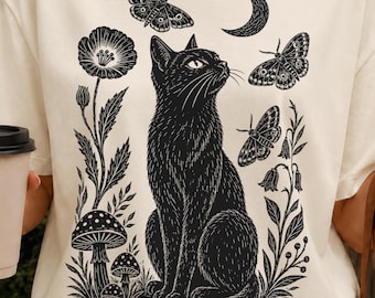 Black Cat PNG | Halloween Crescent Moon Graphic | Gothic Moth Clipart | Woodland Mushroom Shirt Design