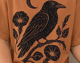 Linocut Raven PNG | Dark Gothic Bird Clipart | Crow Crescent Moon Graphic | Halloween Shirt Design