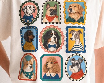 Retrato de perro enmarcado PNG / Imágenes prediseñadas de animales eclécticos / Gráfico de galería colorido / Diseño de camiseta para amantes de los perros