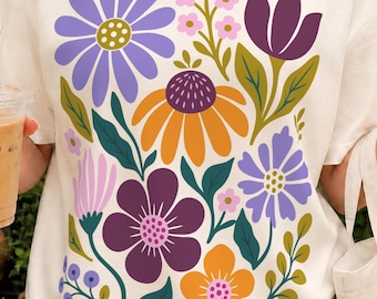 Retro Floral PNG | Folk Art Flower Clipart | Colorful Botanical Graphic | Garden Flower Shirt Design