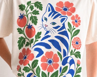 Floral Cat PNG | Botanical Garden Clipart | Whimsical Animal Graphic | Colorful Folk Art Shirt Design
